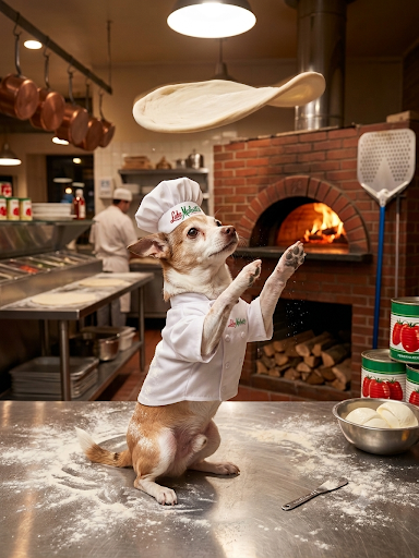 Chef dog tossing pizza dough in a wood-fired kitchen